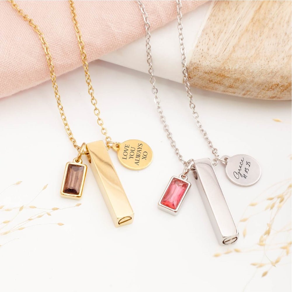 Detailed view of personalised bar ashes necklace – stylish sympathy jewellery for loss of a child, mother, or father