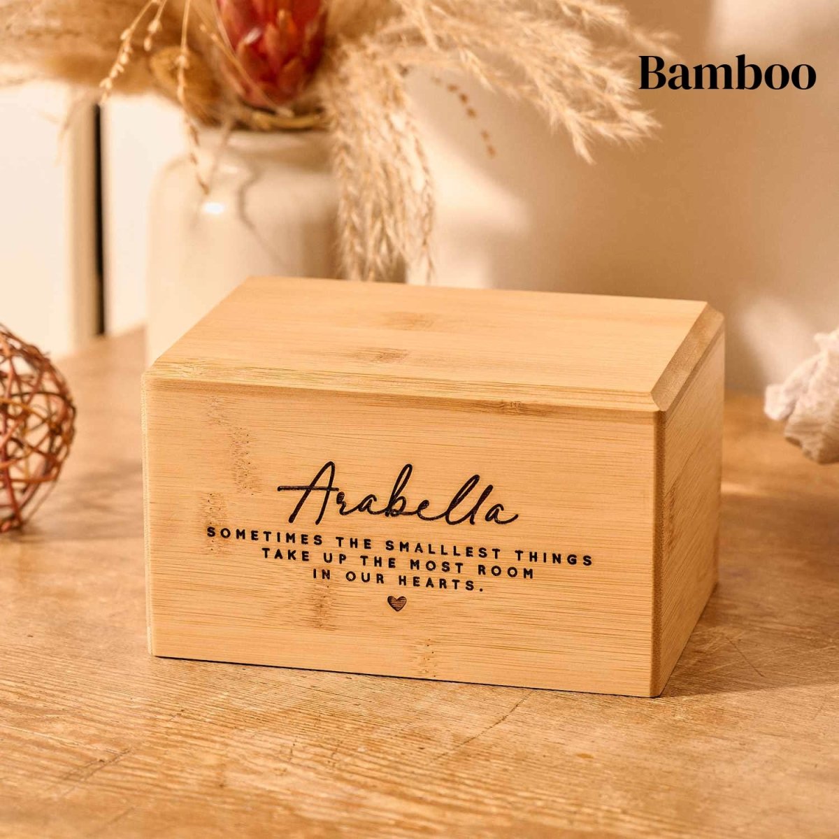 Eco-friendly infant urn made from bamboo – engraved cremation urn for stillborn or newborn baby.