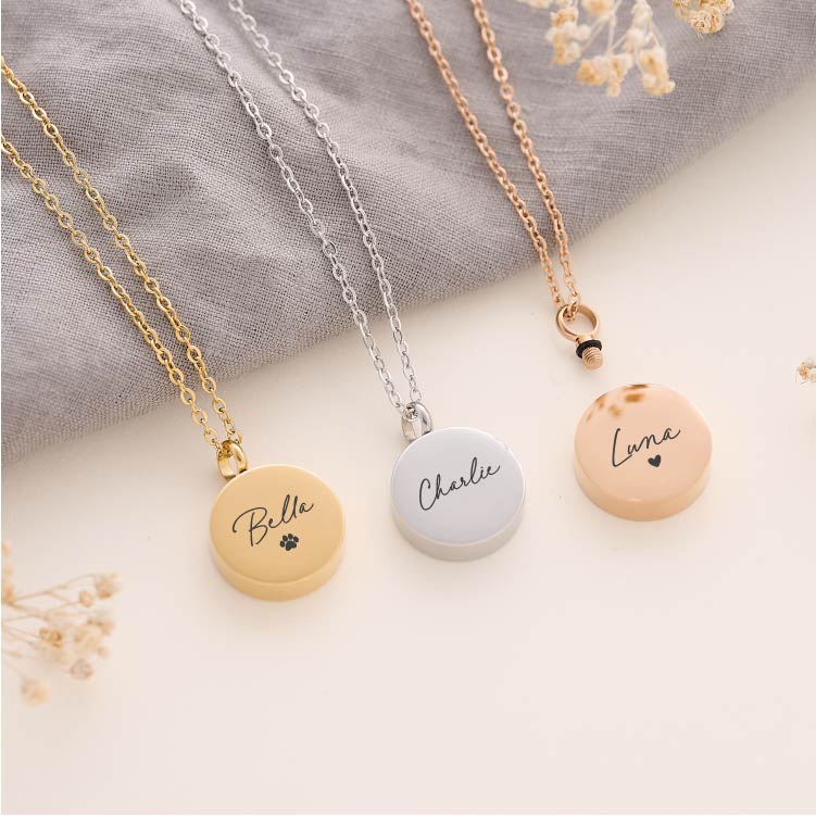 Round pet memorial pendant with custom engraving – keepsake necklace for pet ashes