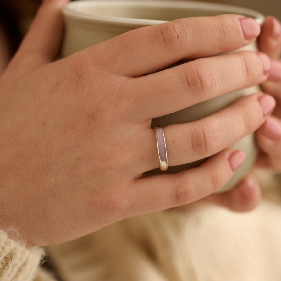 Lavender cremation ring worn by woman, sterling silver remembrance jewellery