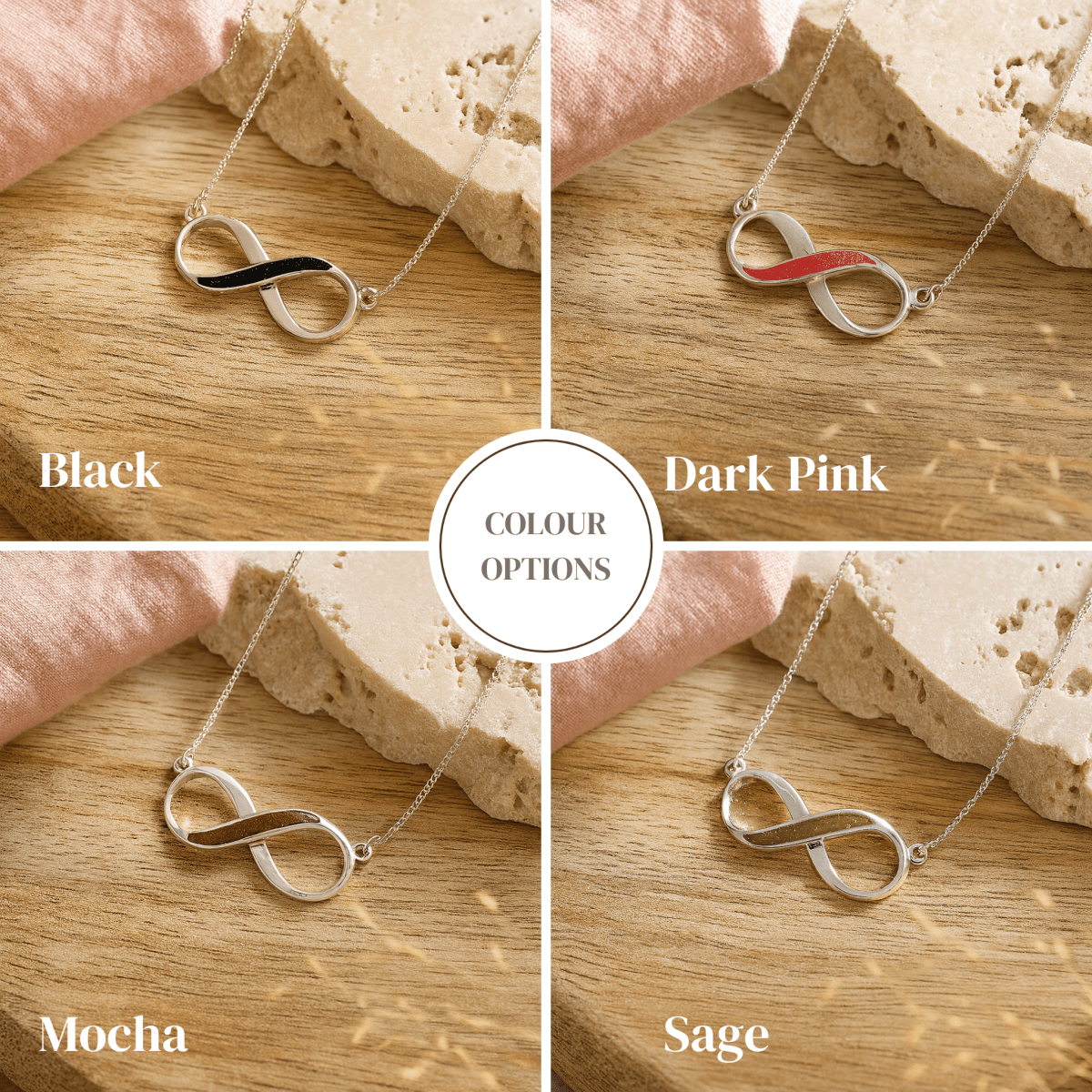 Four color options of an infinity ashes necklace on a wooden surface.