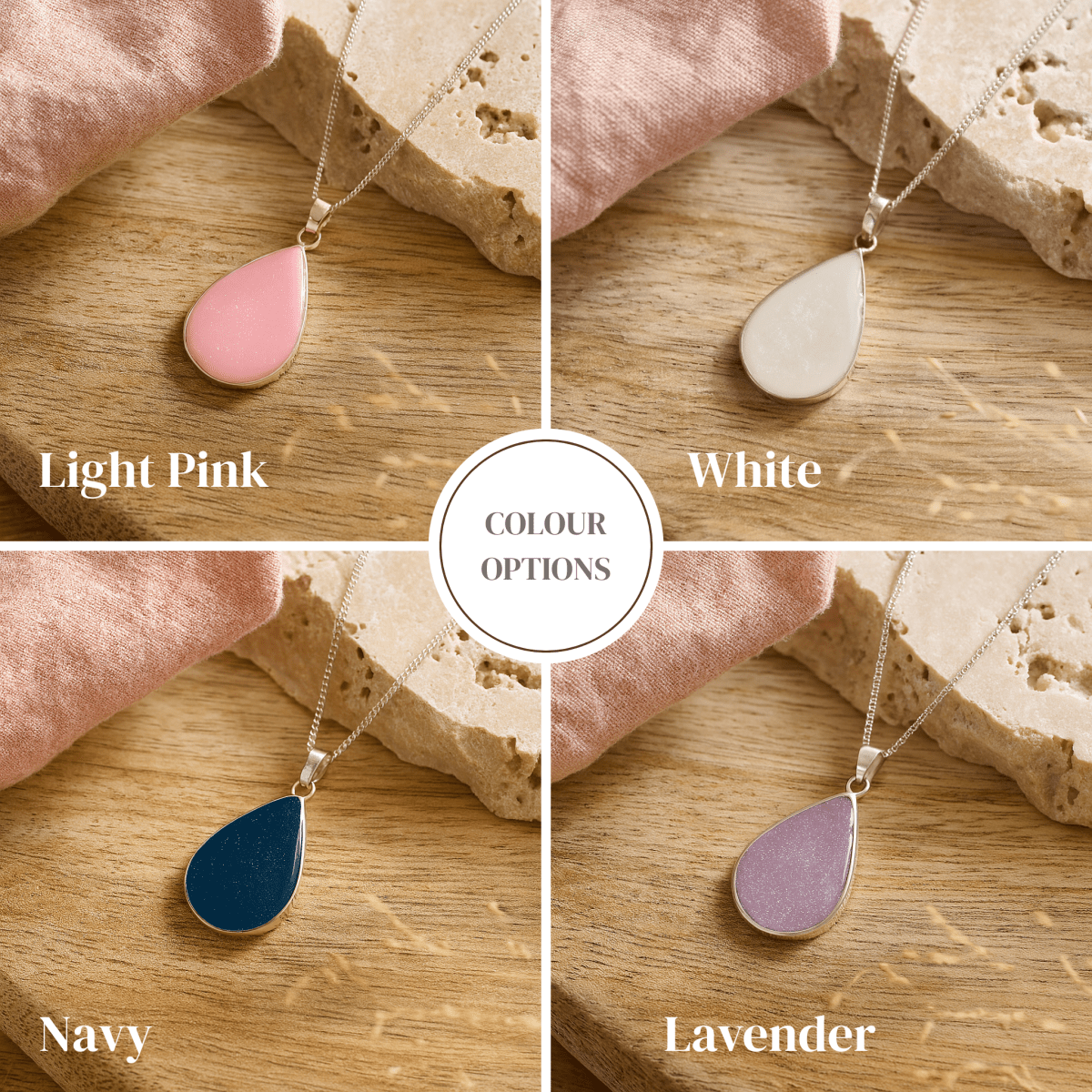 Teardrop ashes necklaces in light pink, white, navy, and lavender on a wooden surface.