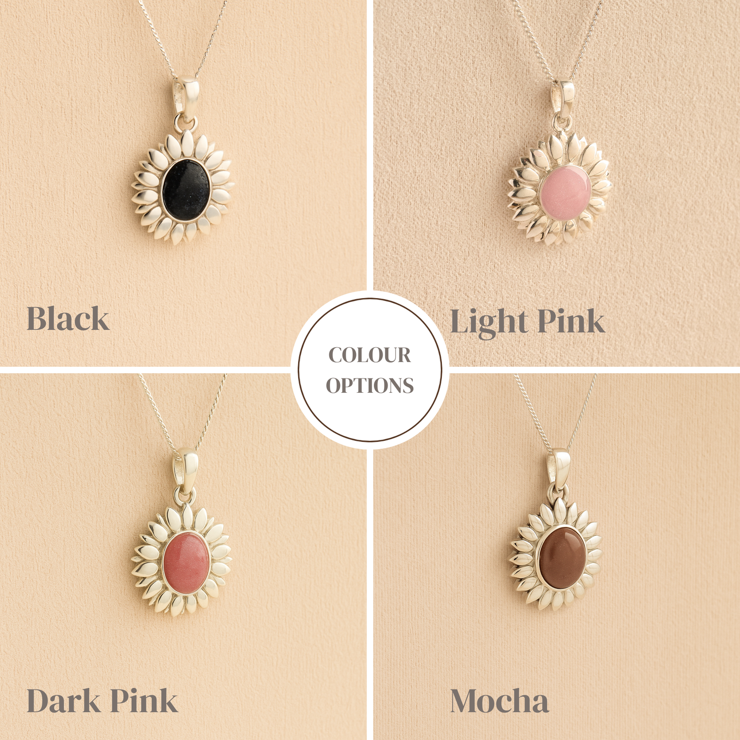 A collage of silver Sunflower Memorial Necklace with black, light pink, dark pink and mocha resin infill