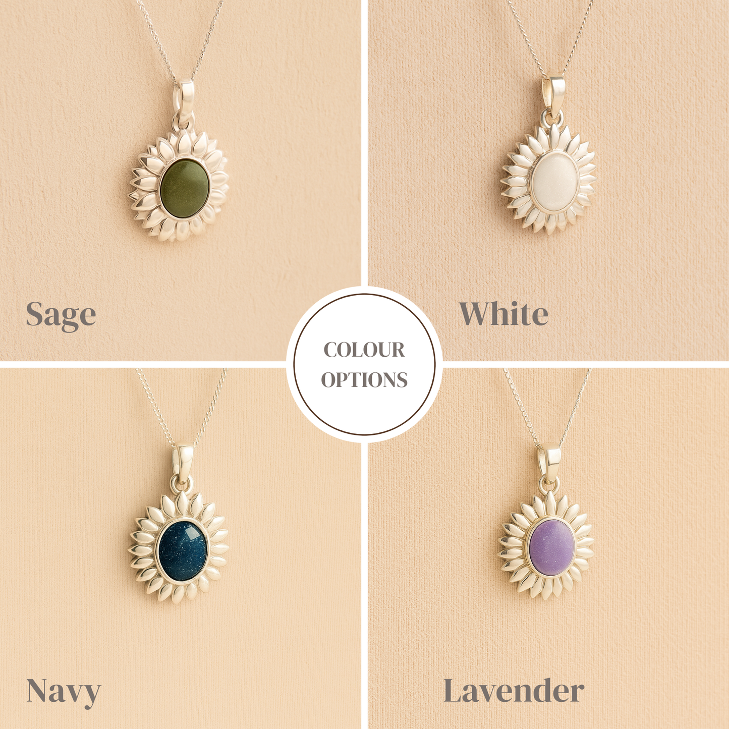 A collage of silver Sunflower Memorial Necklace with sage, white, navy and lavender resin infill