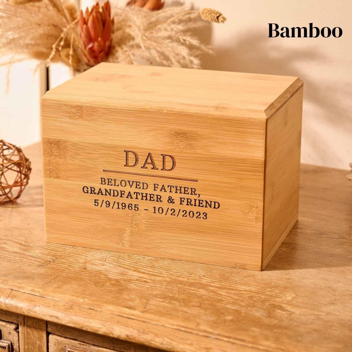 Handcrafted bamboo cremation urn with custom engraving – solid wood ashes keepsake