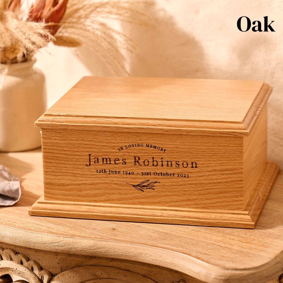 Handcrafted oak cremation urn with custom engraving – solid wood ashes keepsake
