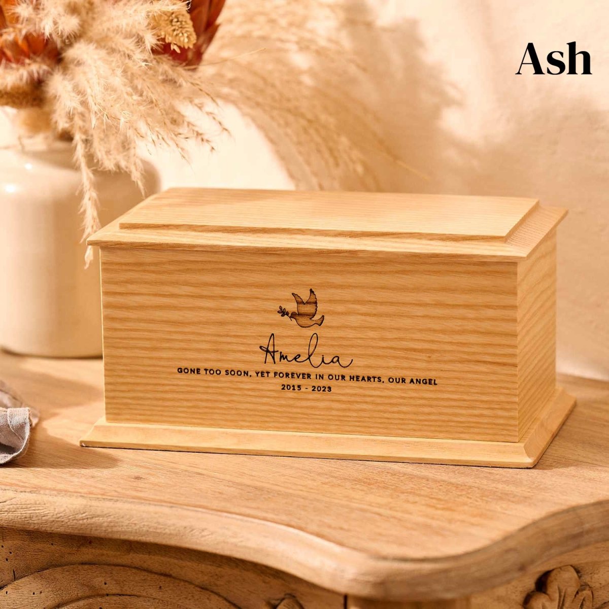 Personalised ash wood children's cremation urn – custom engraved wooden urn for child ashes