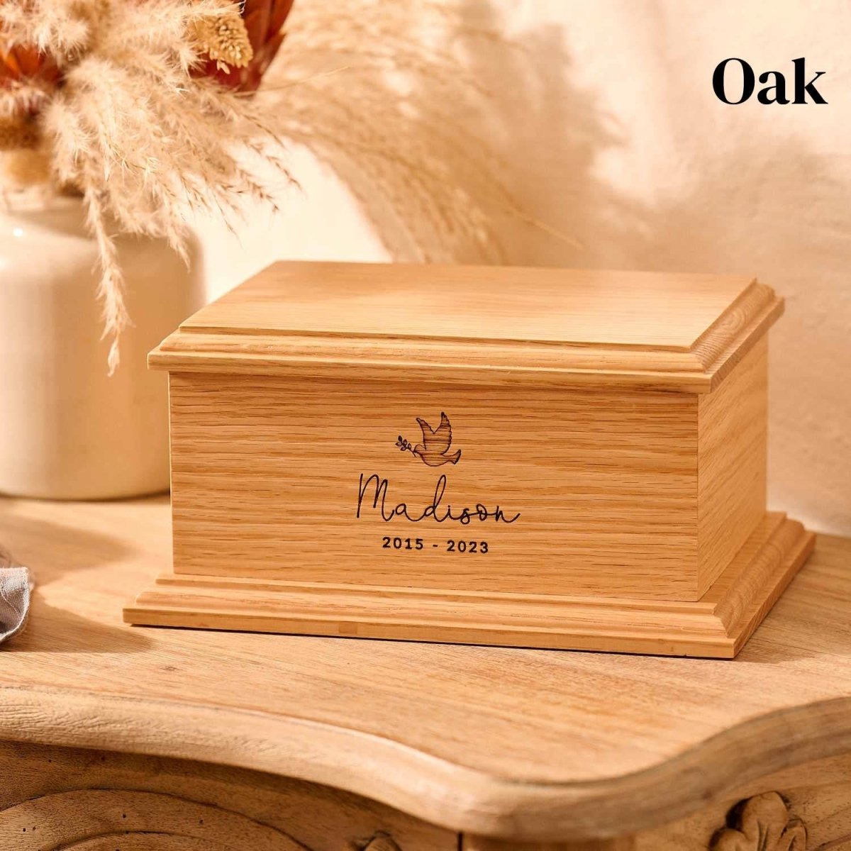 Handcrafted oak wood child urn with custom engraving – wooden ashes keepsake