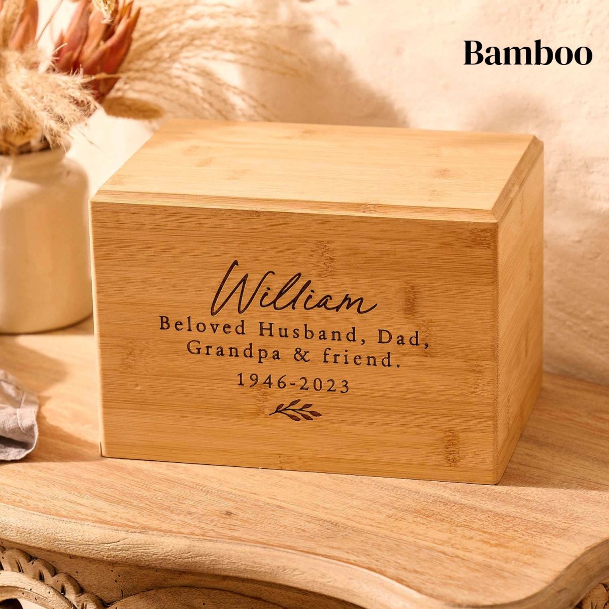 Personalised bamboo wood cremation urn with floral engraving for women – eco-friendly urn for ashes