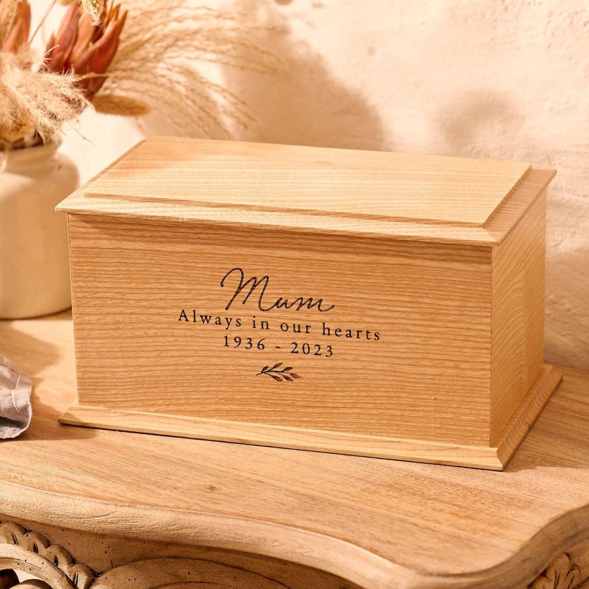 Personalised ash wood cremation urn with floral engraving for women – custom engraved urn for ashes