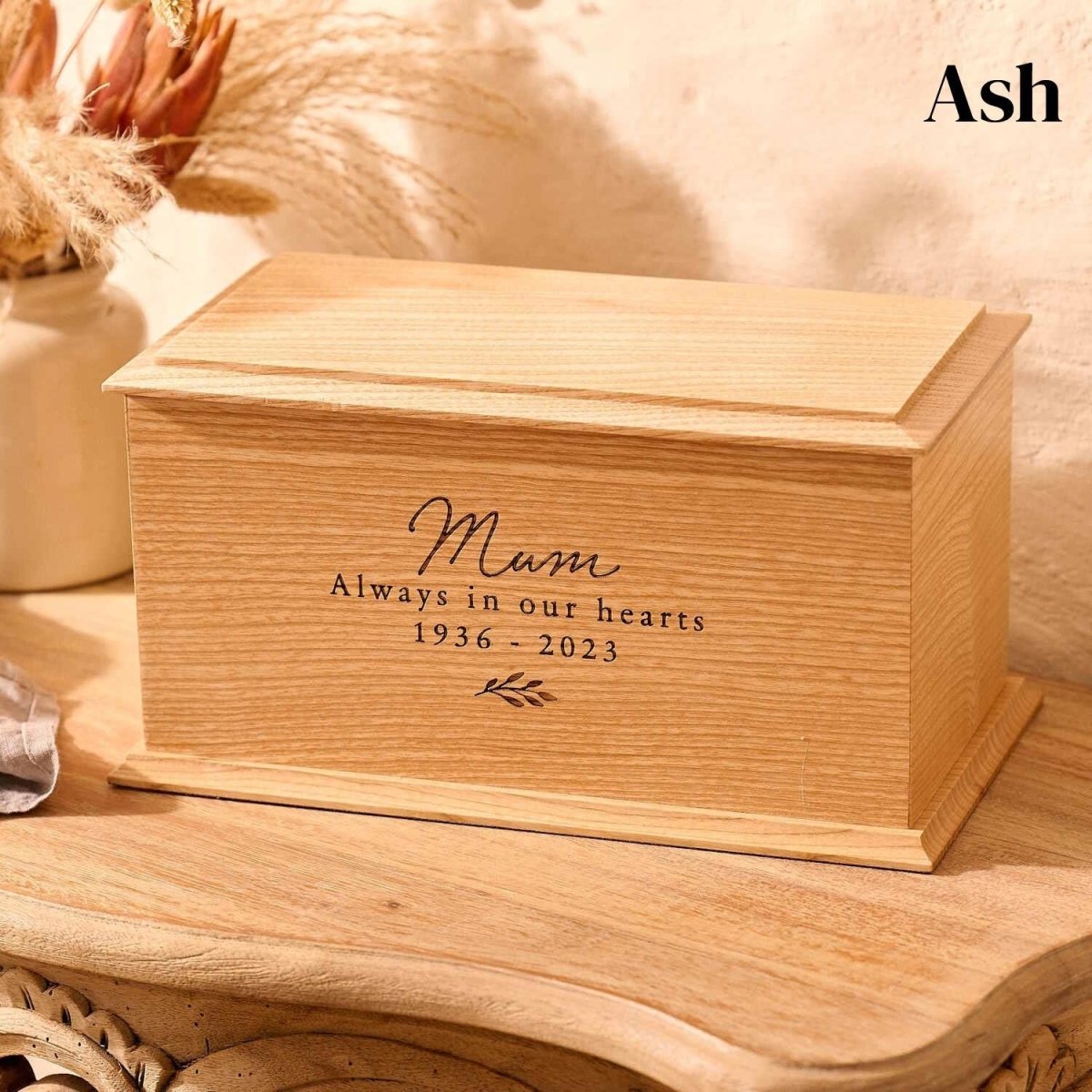Handcrafted ash urn with custom floral design for women – memorial ashes keepsake