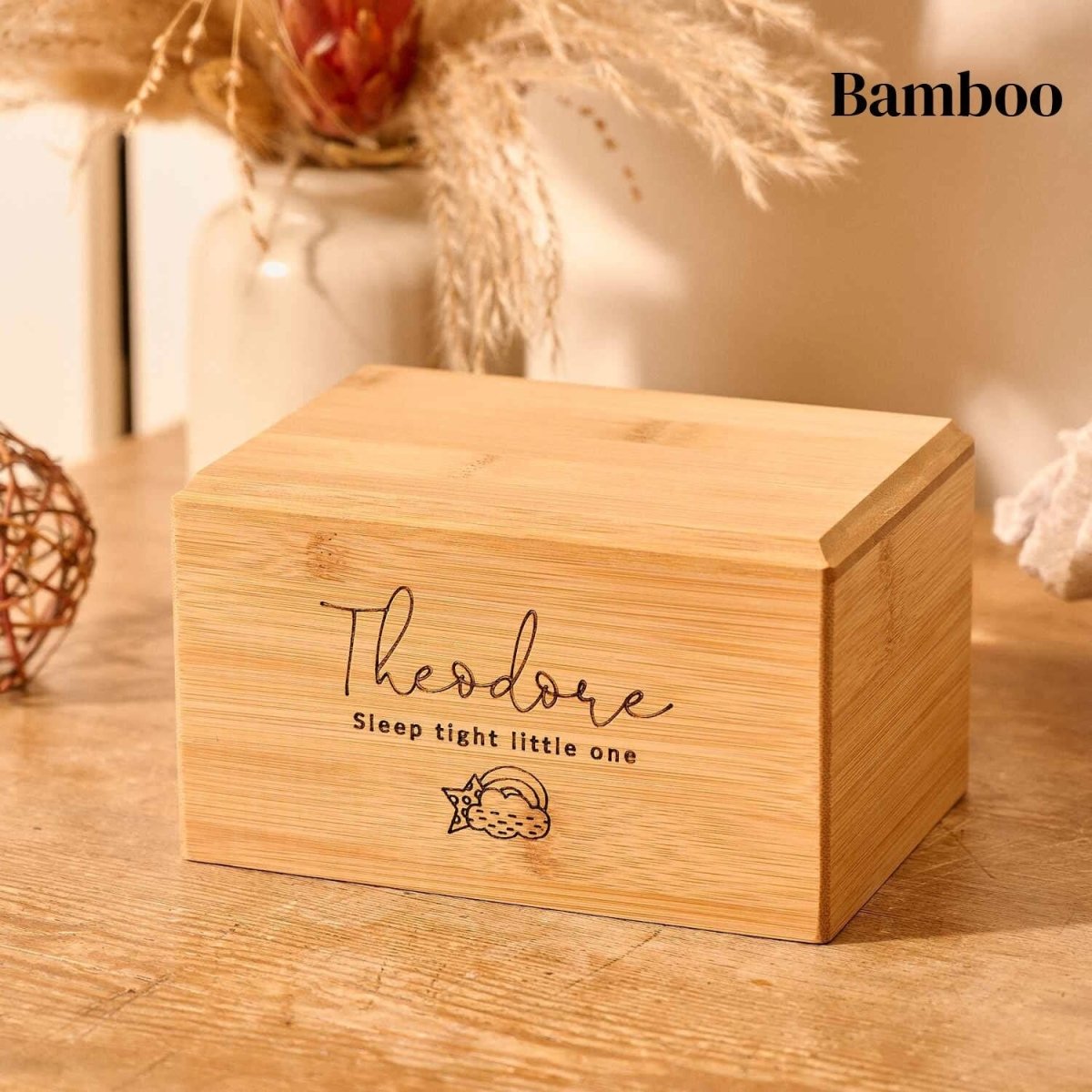 Eco-friendly baby ashes box made from bamboo – suitable for miscarriage, stillborn, or newborn ashes.