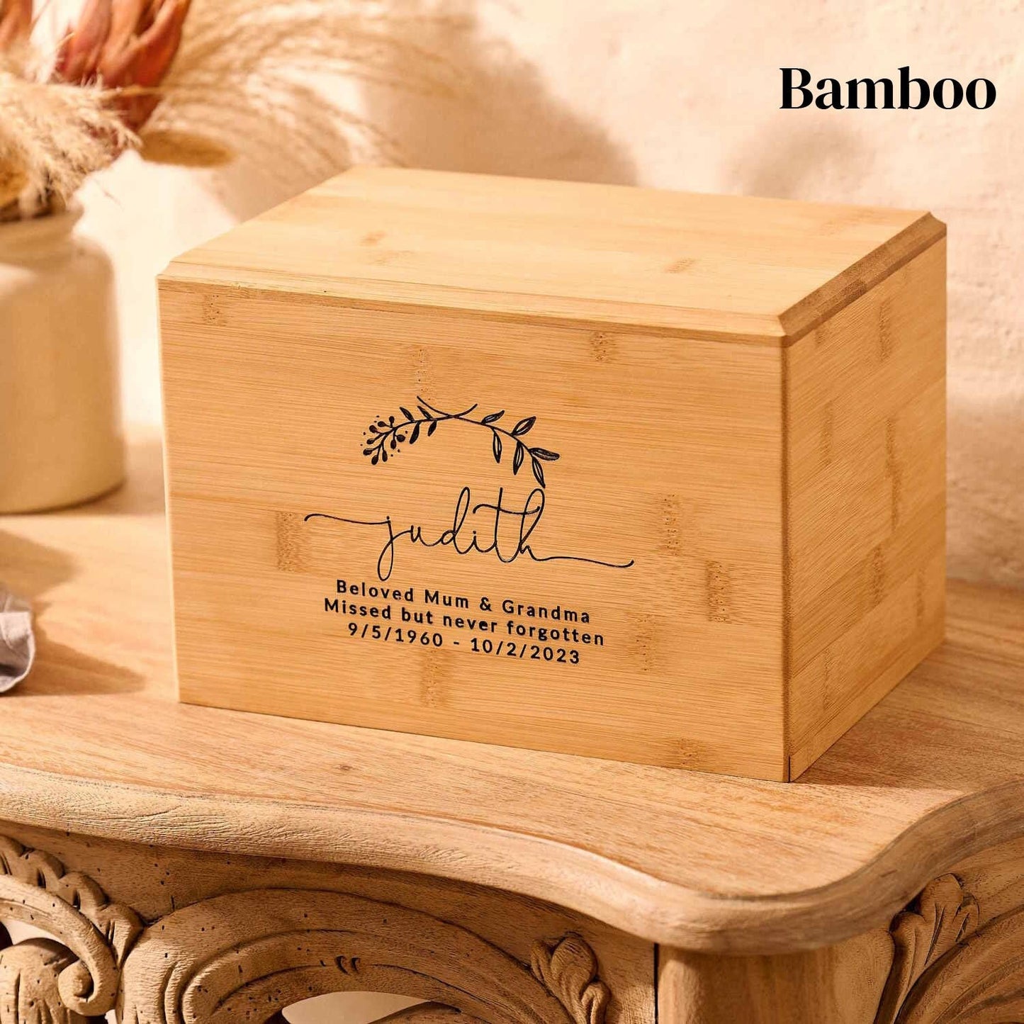 Personalised bamboo wood cremation urn with laurel wreath engraving – eco-friendly wooden urn for ashes