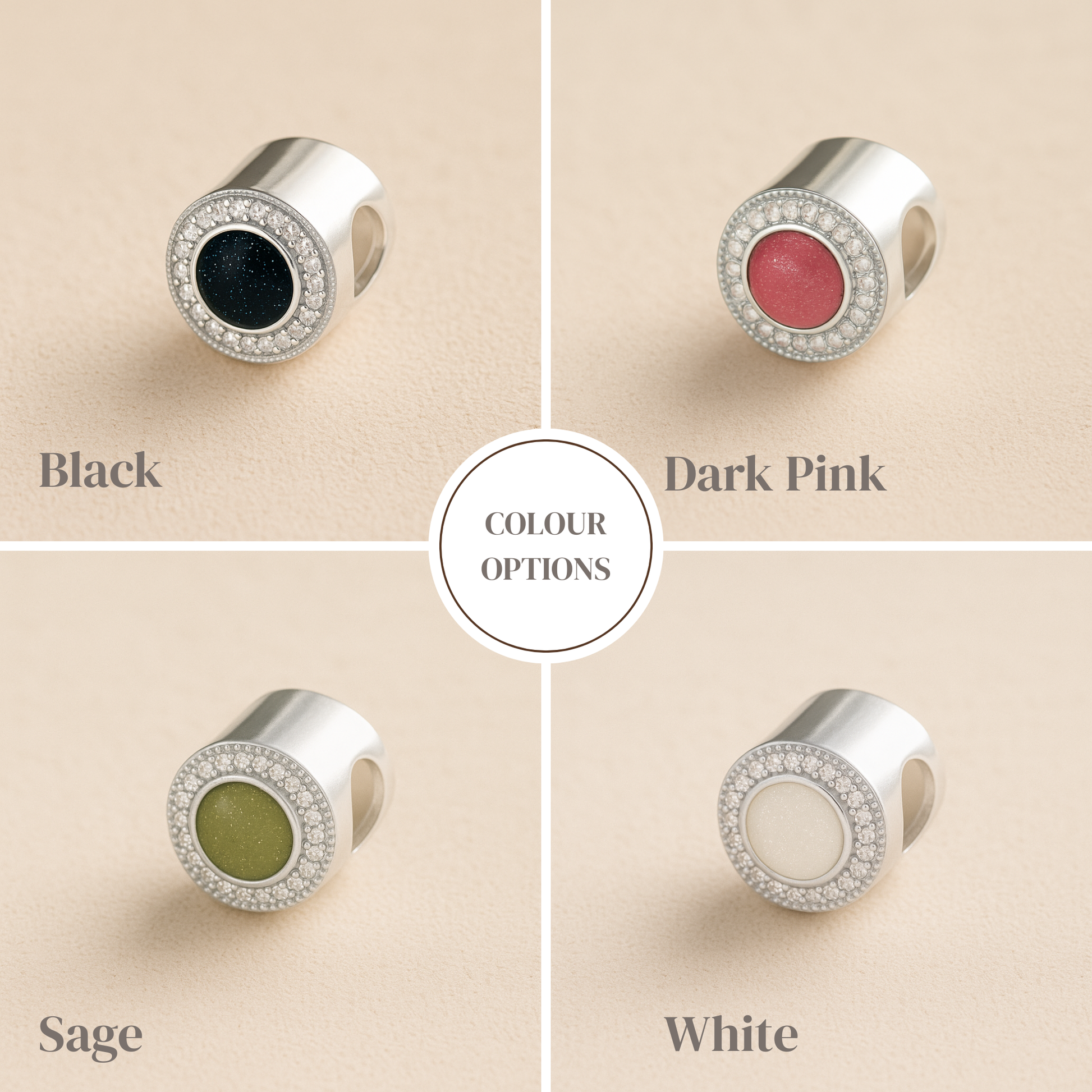 Four color options of a ashes bead with black, dark pink, sage, and white centers on a beige background.