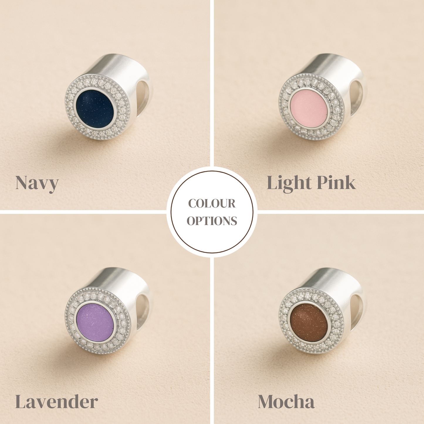 Four color options of a cremation bead with navy, light pink, lavender, and mocha centers on a beige background.
