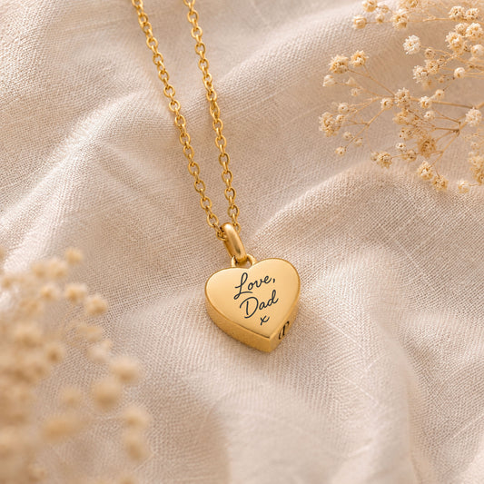 Engraved Handwriting Heart Urn Necklace | Gold and Silver