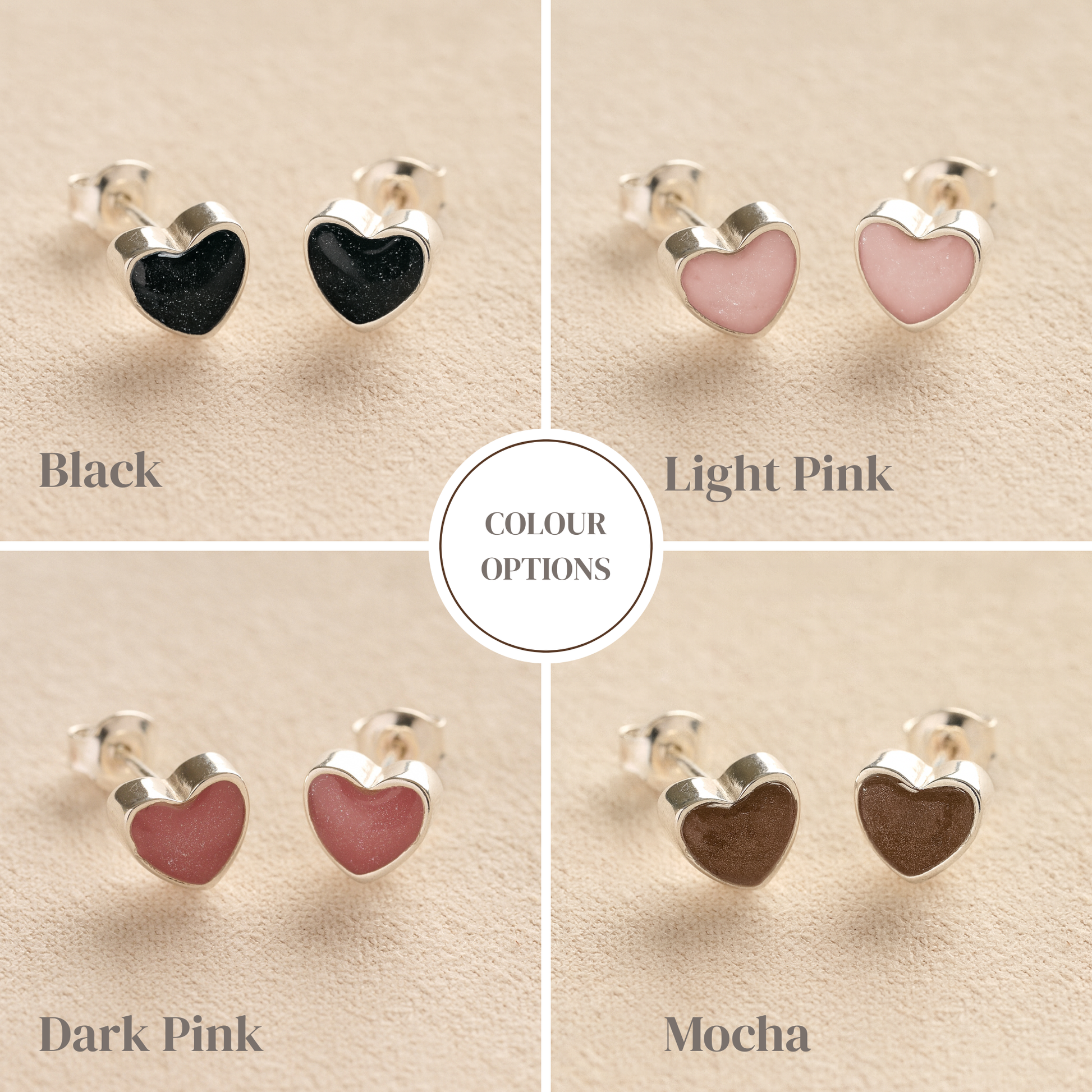 Heart Memorial ashes earrings in a range of colours such as black, light pink, dark pink and mocha