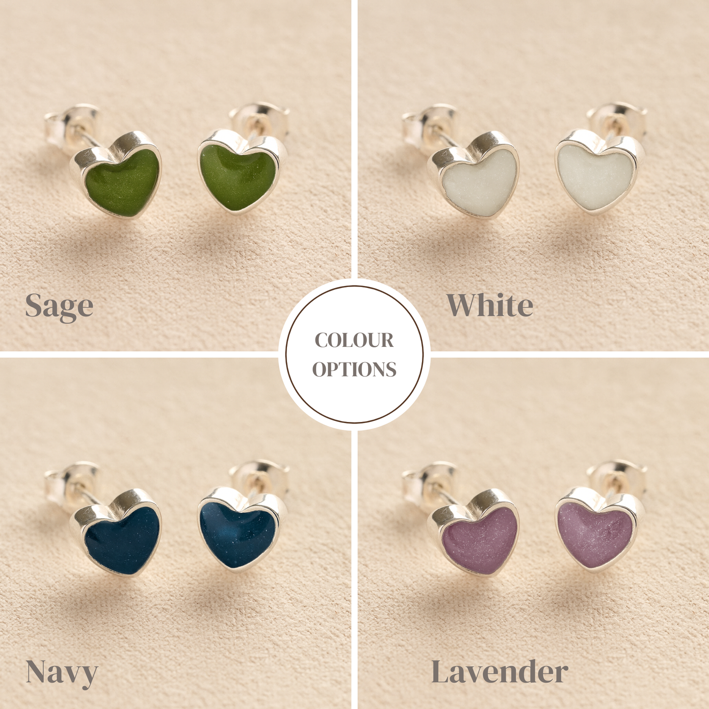 Heart Memorial ashes earrings in a range of colours such as sage, white, navy and lavender