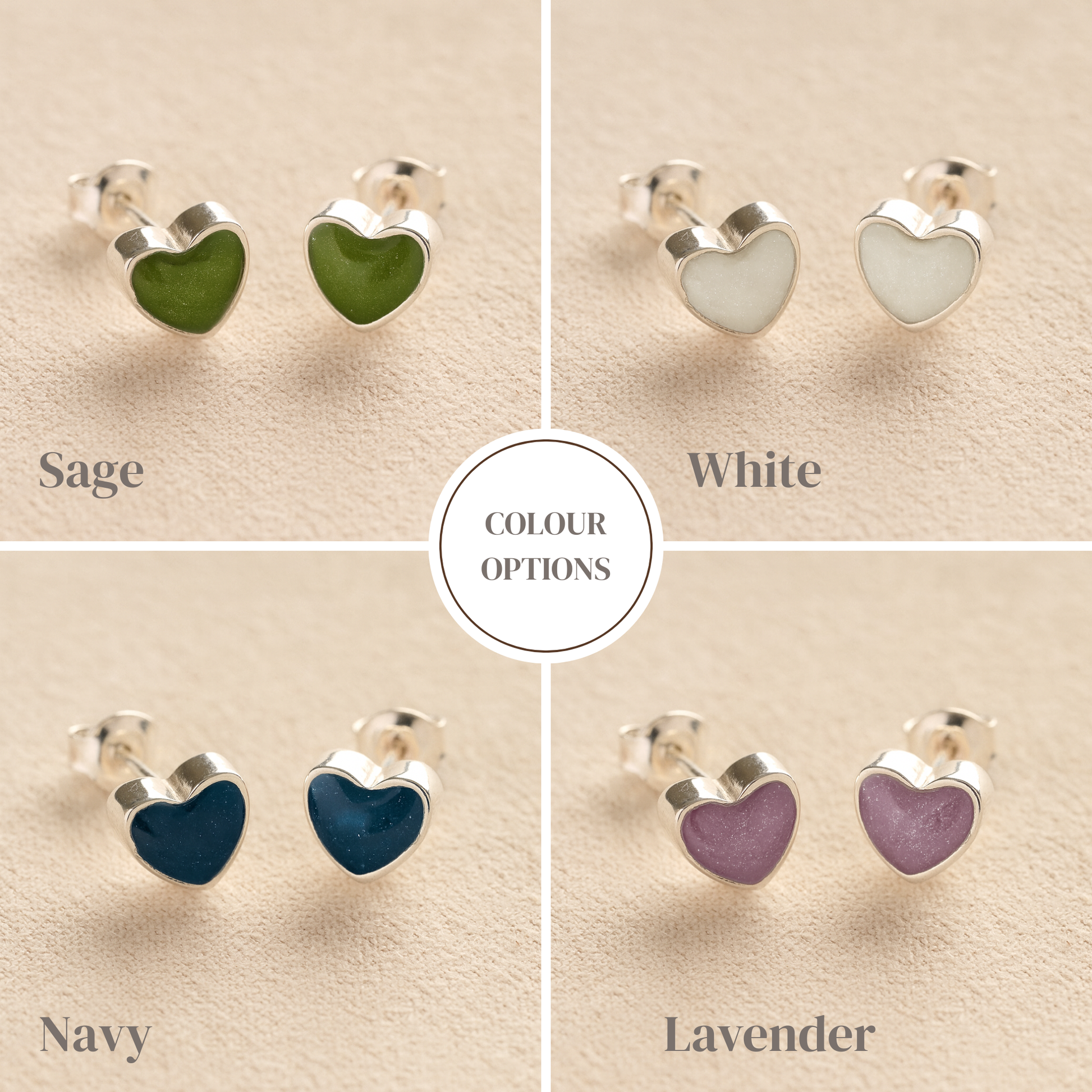 Heart Memorial ashes earrings in a range of colours such as sage, white, navy and lavender