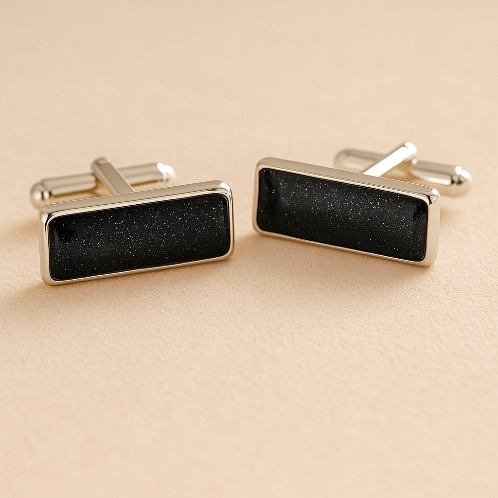 Silver Square Rectangle Memorial Ashes Cremation Cufflinks with Navy resin, filled with ashes or fur, displayed on a soft beige background – suitable for pet or human memorials.