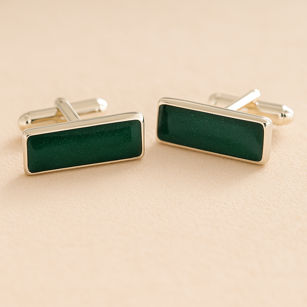 Silver Square Rectangle Memorial Ashes Cremation Cufflinks with Green resin, filled with ashes or fur, displayed on a soft beige background – suitable for pet or human memorials.