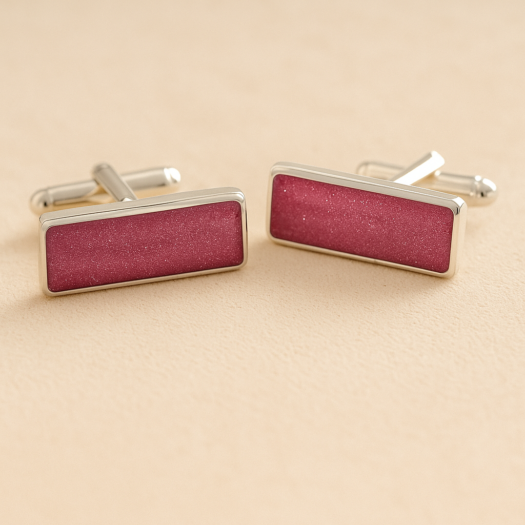 Silver Square Rectangle Memorial Ashes Cremation Cufflinks with Dark Pink resin, filled with ashes or fur, displayed on a soft beige background – suitable for pet or human memorials.