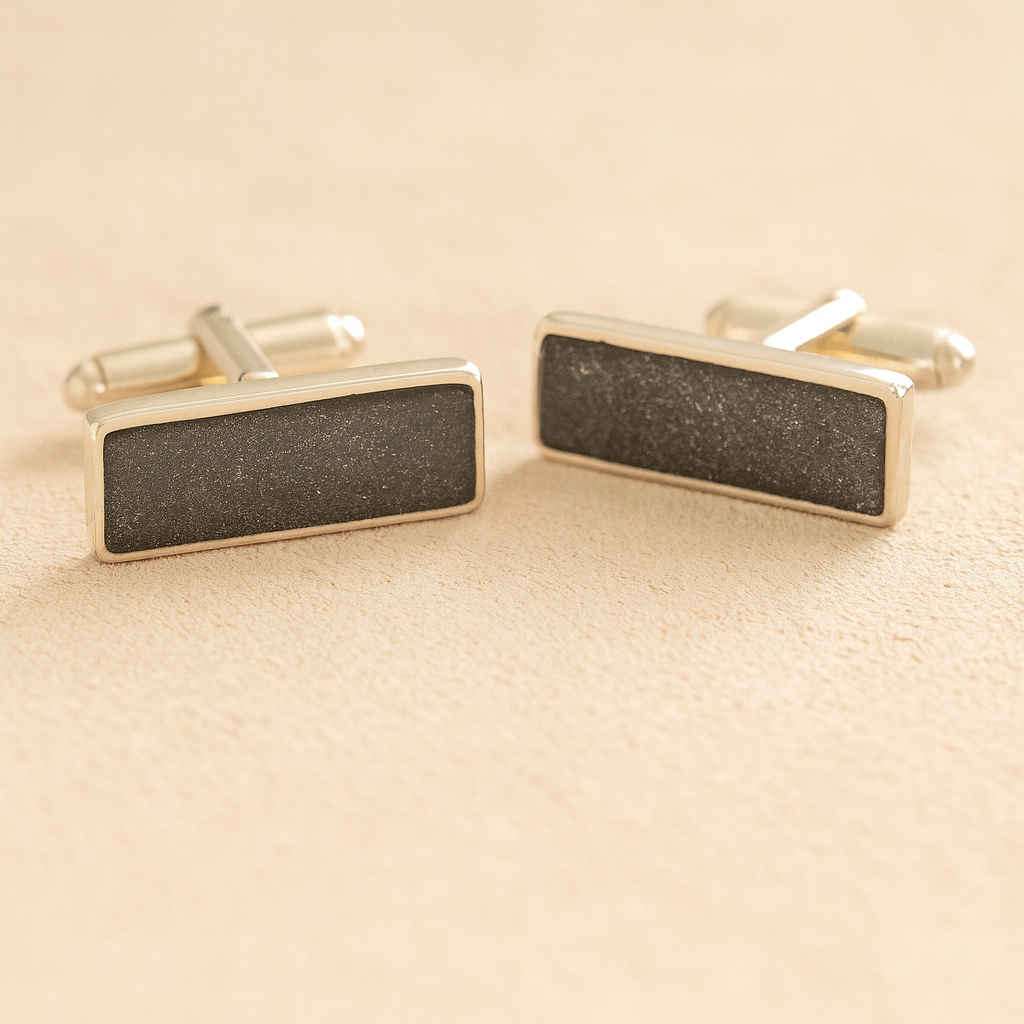 Silver Square Rectangle Memorial Ashes Cremation Cufflinks with Grey resin, filled with ashes or fur, displayed on a soft beige background – suitable for pet or human memorials.