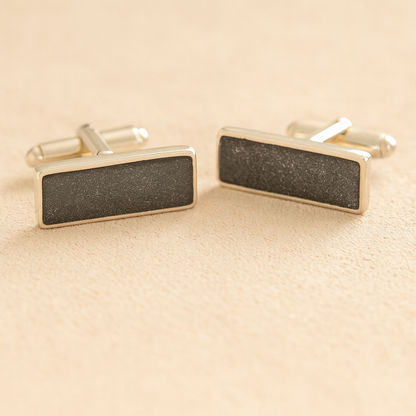 Silver Square Rectangle Memorial Ashes Cremation Cufflinks with Grey resin, filled with ashes or fur, displayed on a soft beige background – suitable for pet or human memorials.