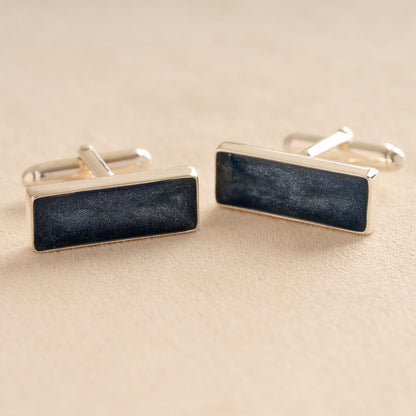 Silver Square Rectangle Memorial Ashes Cremation Cufflinks with Navy resin, filled with ashes or fur, displayed on a soft beige background – suitable for pet or human memorials.