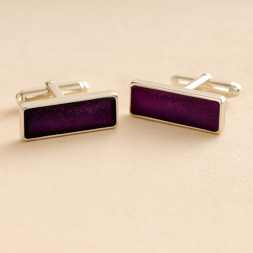 Silver Square Rectangle Memorial Ashes Cremation Cufflinks with Purple resin, filled with ashes or fur, displayed on a soft beige background – suitable for pet or human memorials.