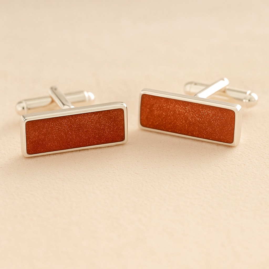 Silver Square Rectangle Memorial Ashes Cremation Cufflinks with Rust resin, filled with ashes or fur, displayed on a soft beige background – suitable for pet or human memorials.