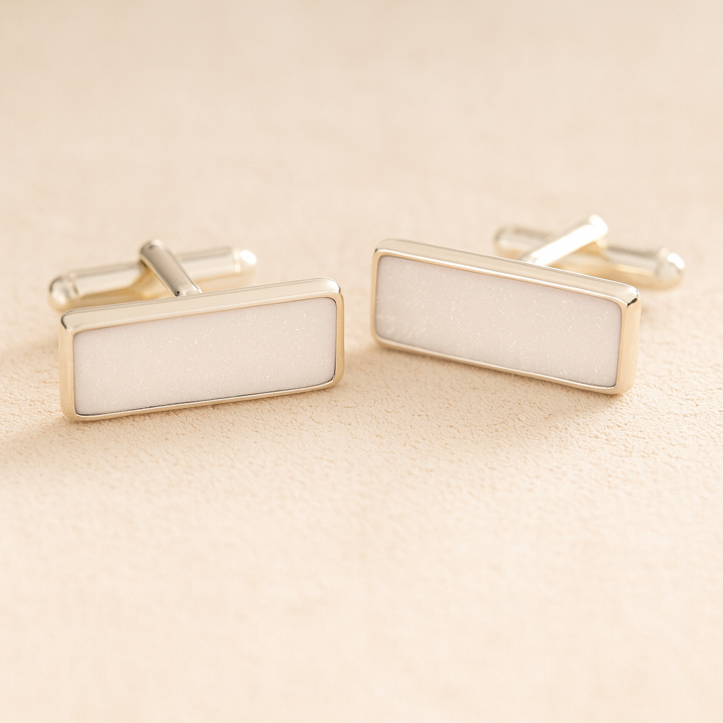 Silver Square Rectangle Memorial Ashes Cremation Cufflinks with White  resin, filled with ashes or fur, displayed on a soft beige background – suitable for pet or human memorials.