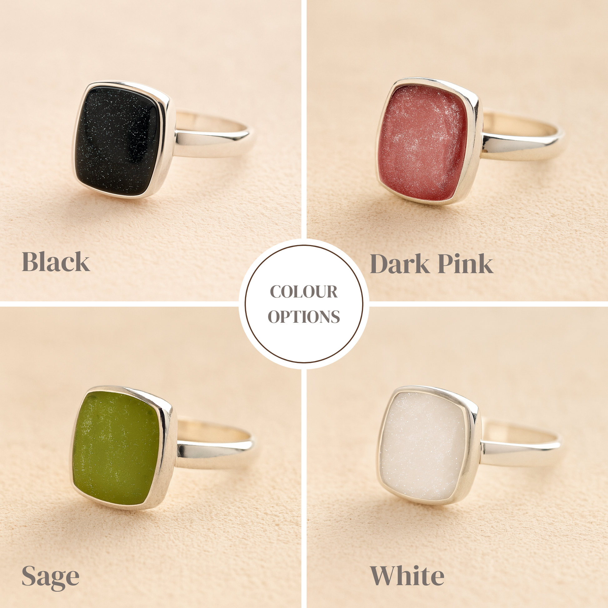 Silver Square Memorial Ashes Cremation Ring examples with black, dark pink, sage and white resin, filled with ashes or fur, displayed on a soft beige background – suitable for pet or human memorials.