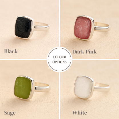 Silver Square Memorial Ashes Cremation Ring examples with black, dark pink, sage and white resin, filled with ashes or fur, displayed on a soft beige background – suitable for pet or human memorials.