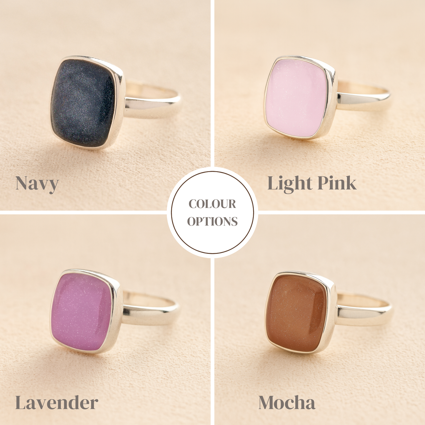 Silver Square Memorial Ashes Cremation Ring colour examples with navy, light pink, lavender and mocha resin, filled with ashes or fur, displayed on a soft beige background – suitable for pet or human memorials.