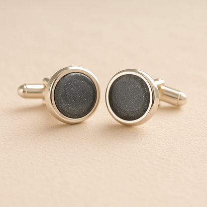 Silver Round Ashes Cufflinks with grey resin with ashes or fur on a beige background