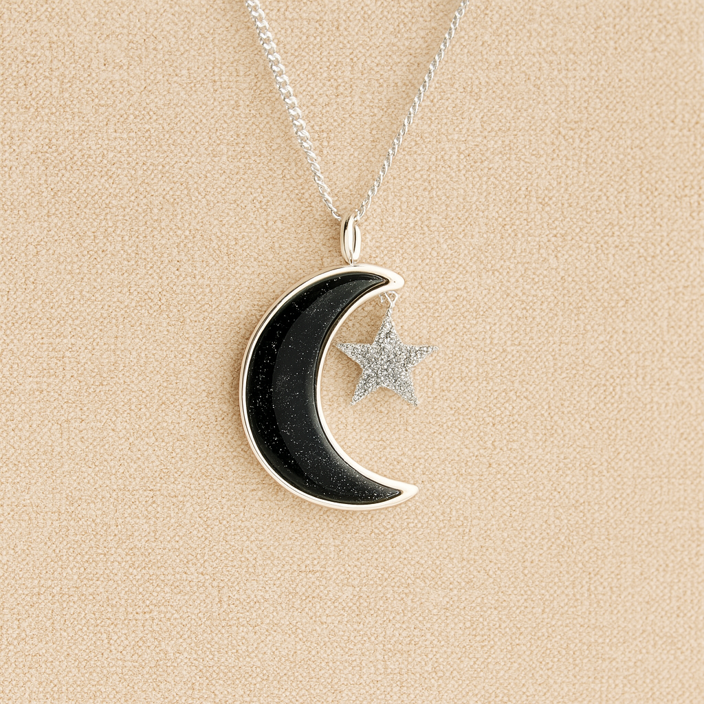 Moon and Star Memorial Necklace with black resin filled with ashes or fur on a beige textured background