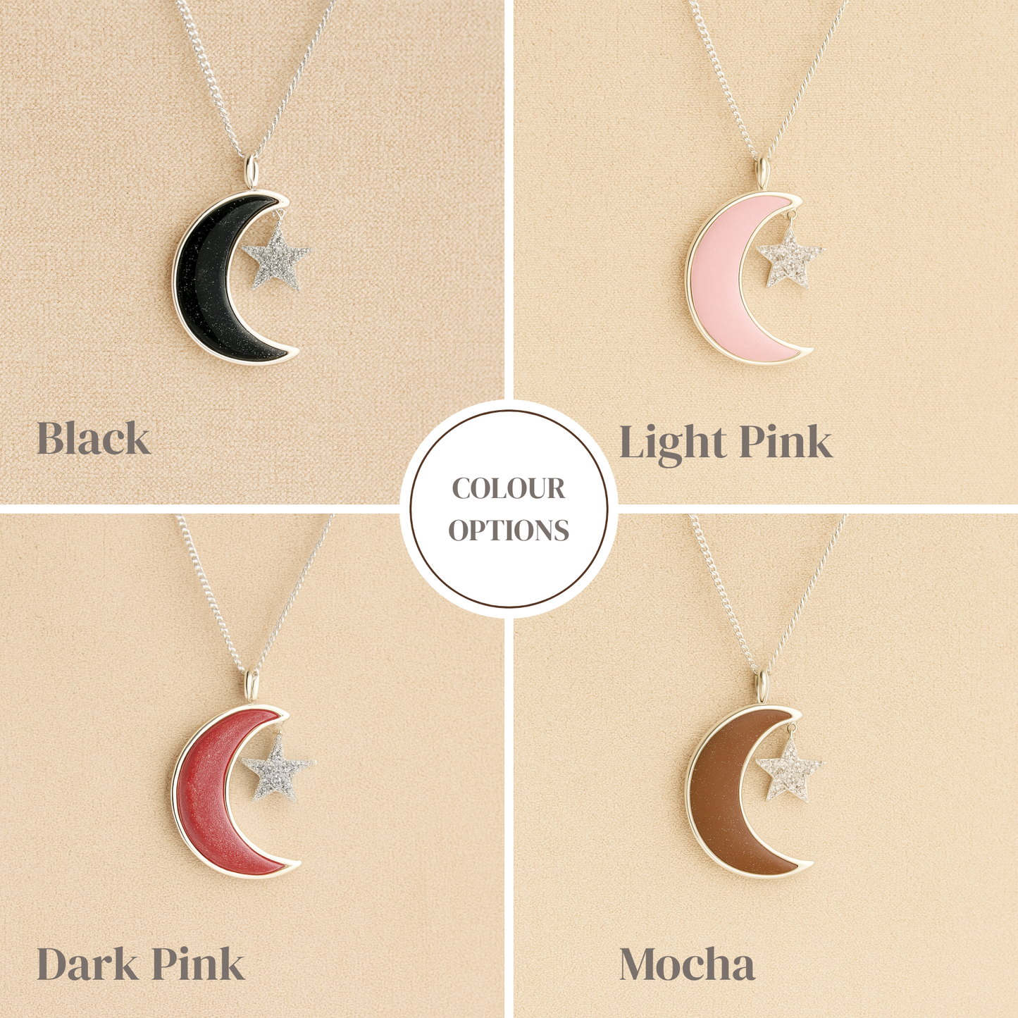 Collage of moon and star ashes necklaces in black, light pink, dark pink, and mocha colors on a beige background.
