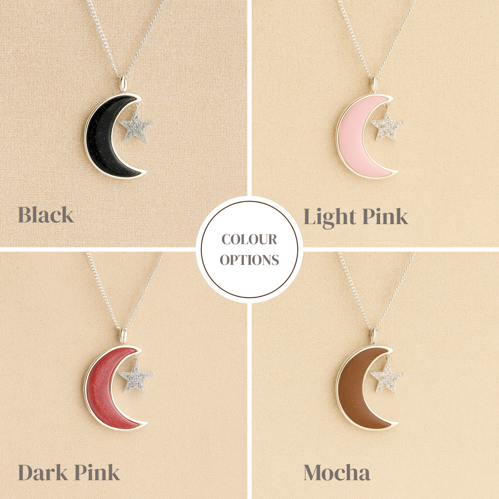 Collage of moon and star ashes necklaces in black, light pink, dark pink, and mocha colors on a beige background.