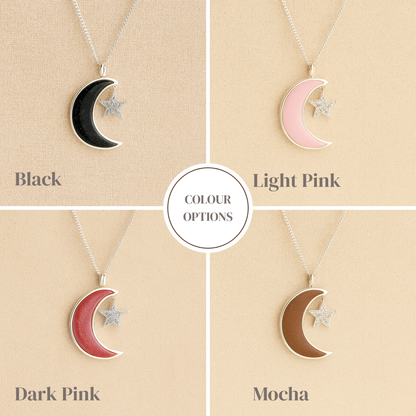 Collage of moon and star ashes necklaces in black, light pink, dark pink, and mocha colors on a beige background.