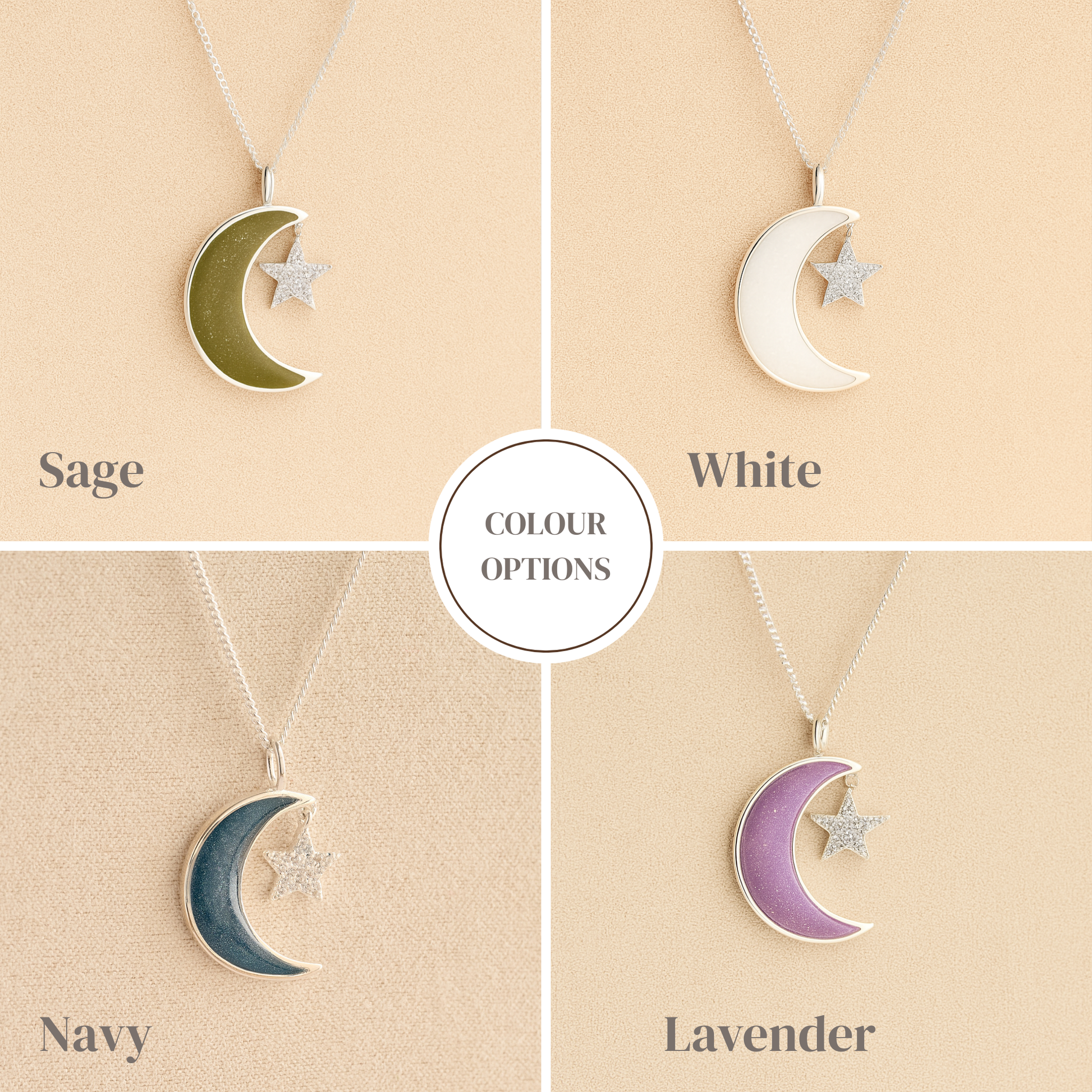 Collage of moon and star ashes necklaces in sage, white, navy and lavender colors on a beige background.