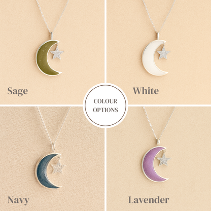 Collage of moon and star ashes necklaces in sage, white, navy and lavender colors on a beige background.