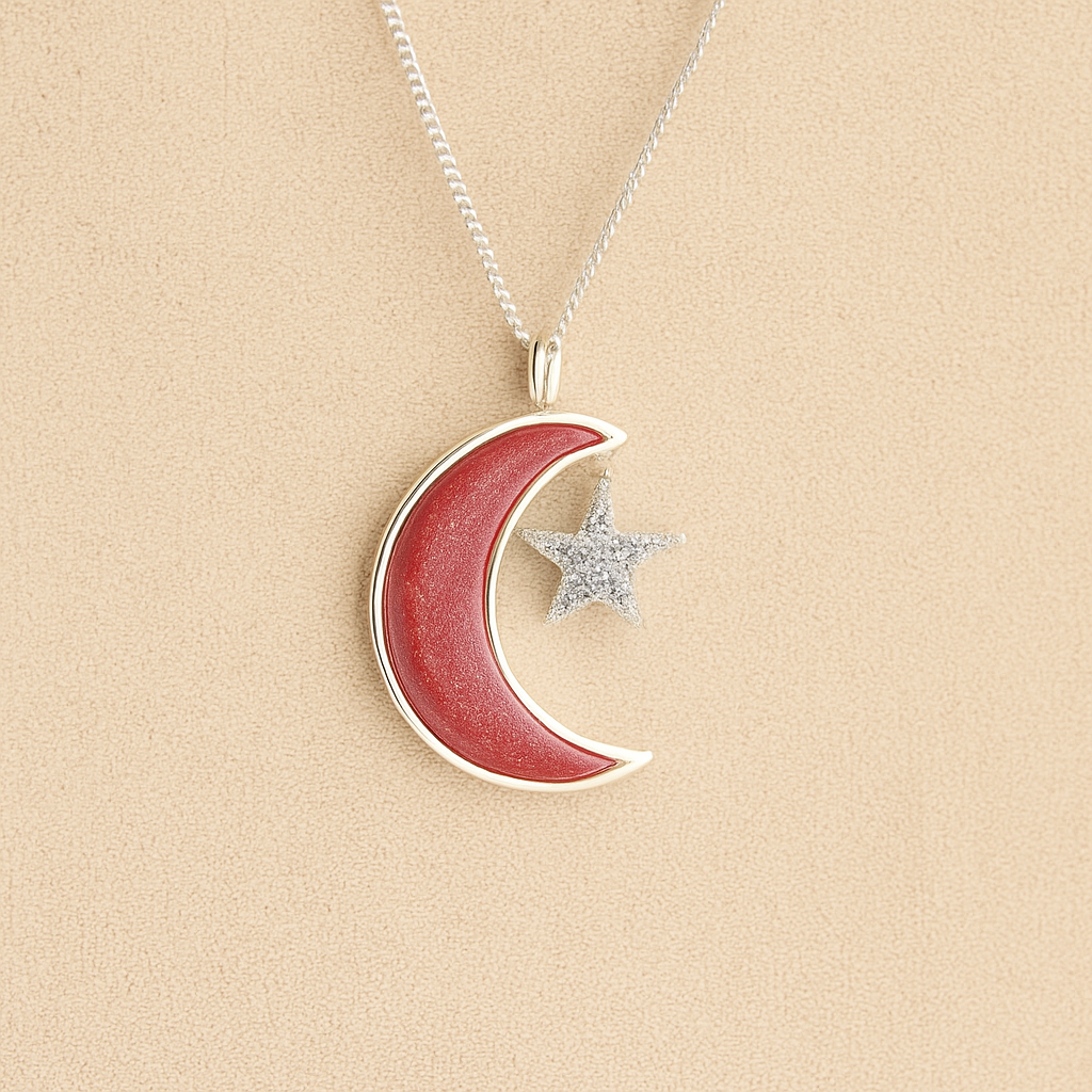 Moon and Star Ashes Necklace with dark pink resin filled with ashes or fur on a beige textured background