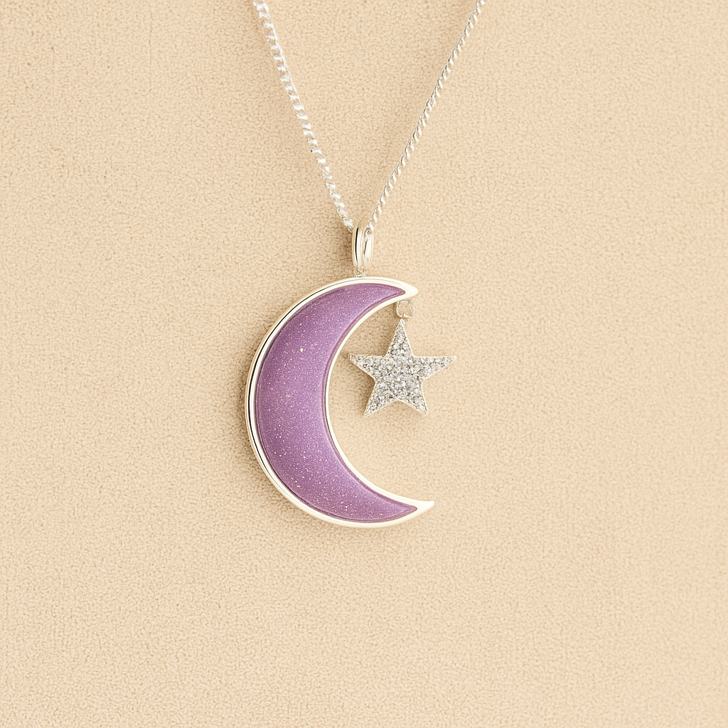 Moon and Star Memorial Necklace with lavender resin filled with ashes or fur on a beige textured background
