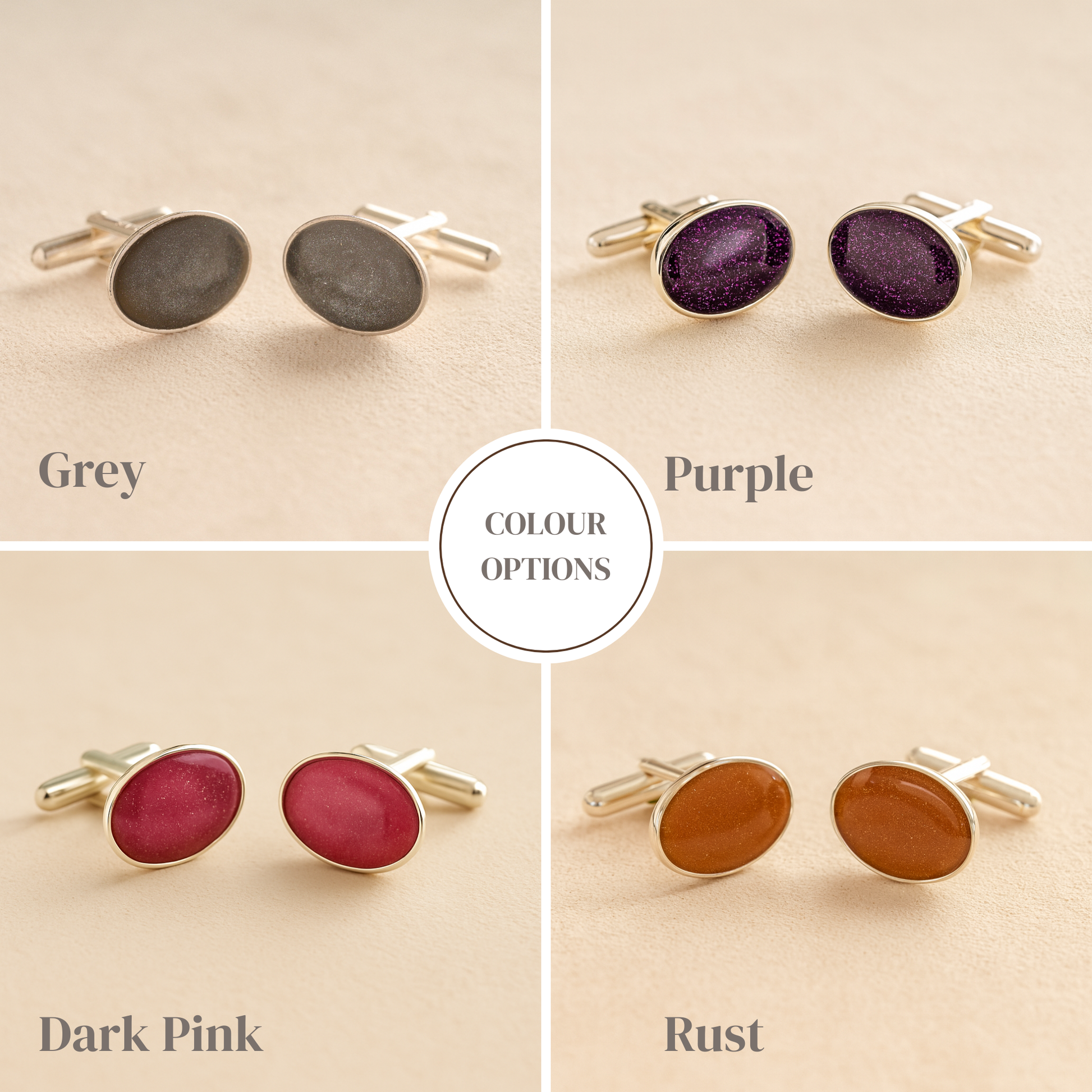 Silver oval cremation ashes cufflinks with a grey, purple, dark pink and rust resin infill made with ashes or fur examples on a beige background
