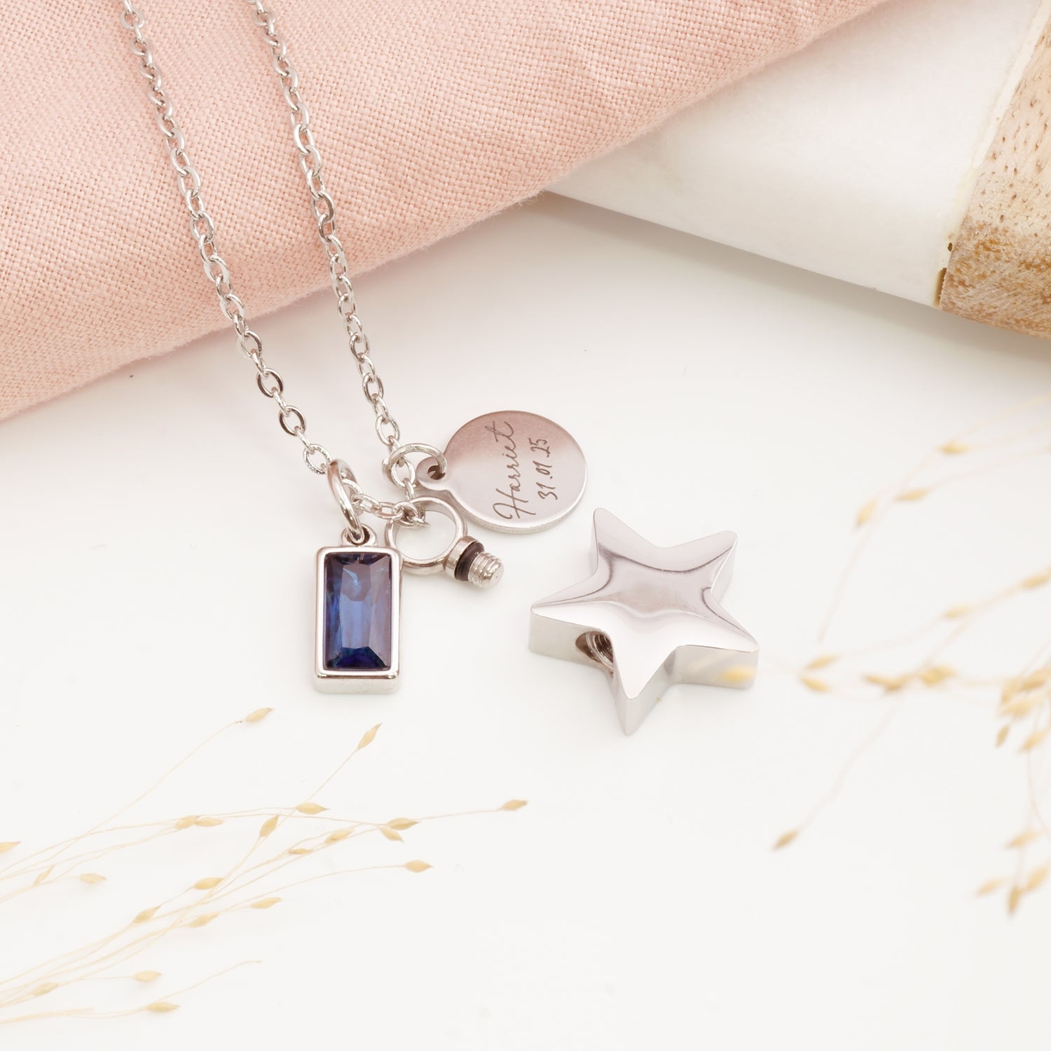 Personalised star ashes pendant with engraved tag – thoughtful bereavement necklace for loss of a loved one