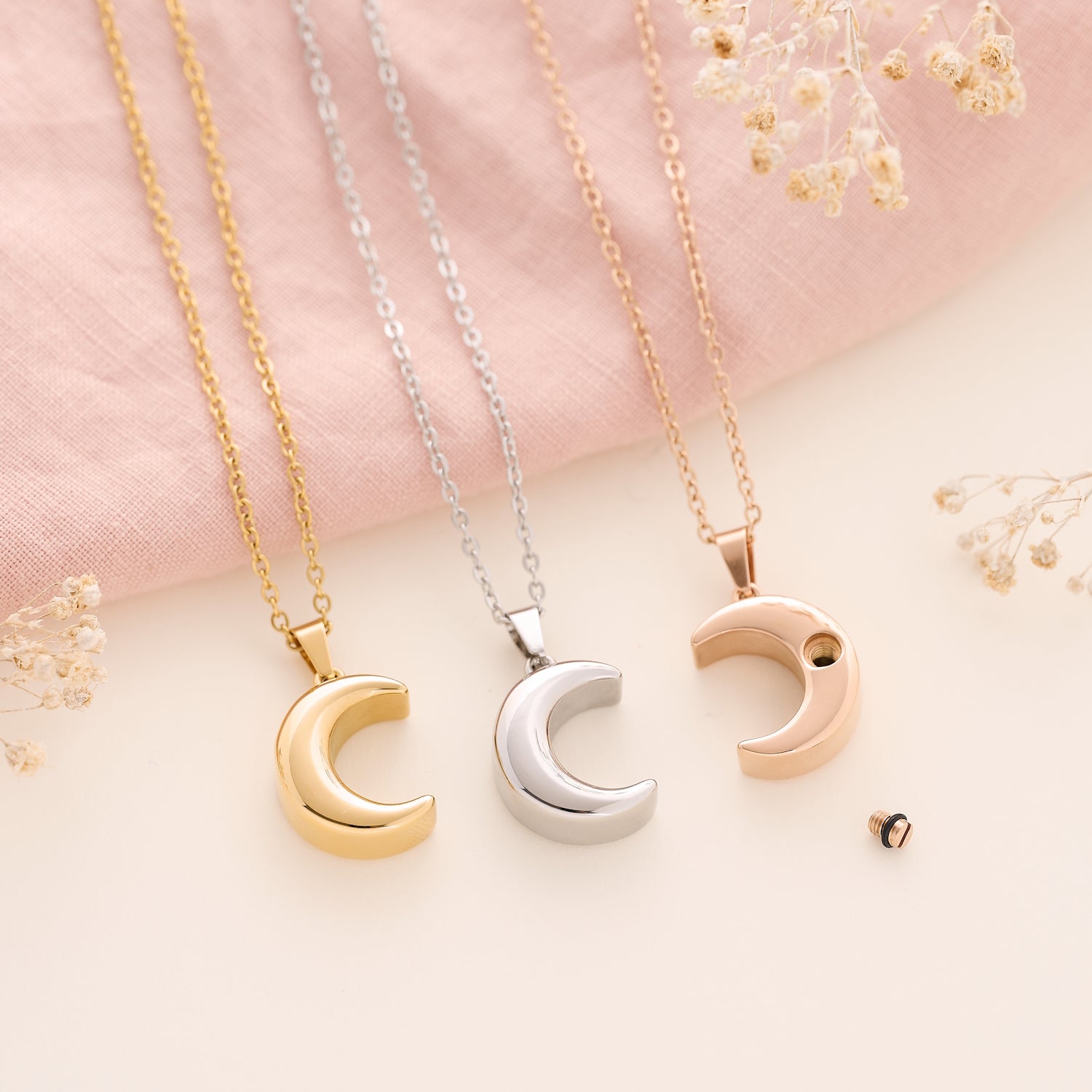 Women’s Moon Cremation Urn Necklace in silver, gold and rose gold