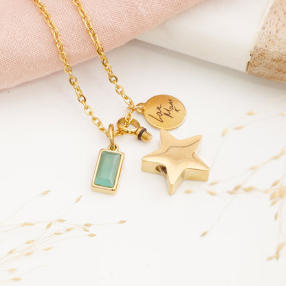 Close-up of star cremation necklace – engraved memorial pendant for stillborn loss or Mother's Day remembrance gift