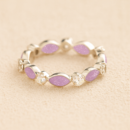 Silver cremation ashes ring with Lavender resin and crystal accents, filled with ashes or fur, displayed on a soft beige background – suitable for pet or human memorials.