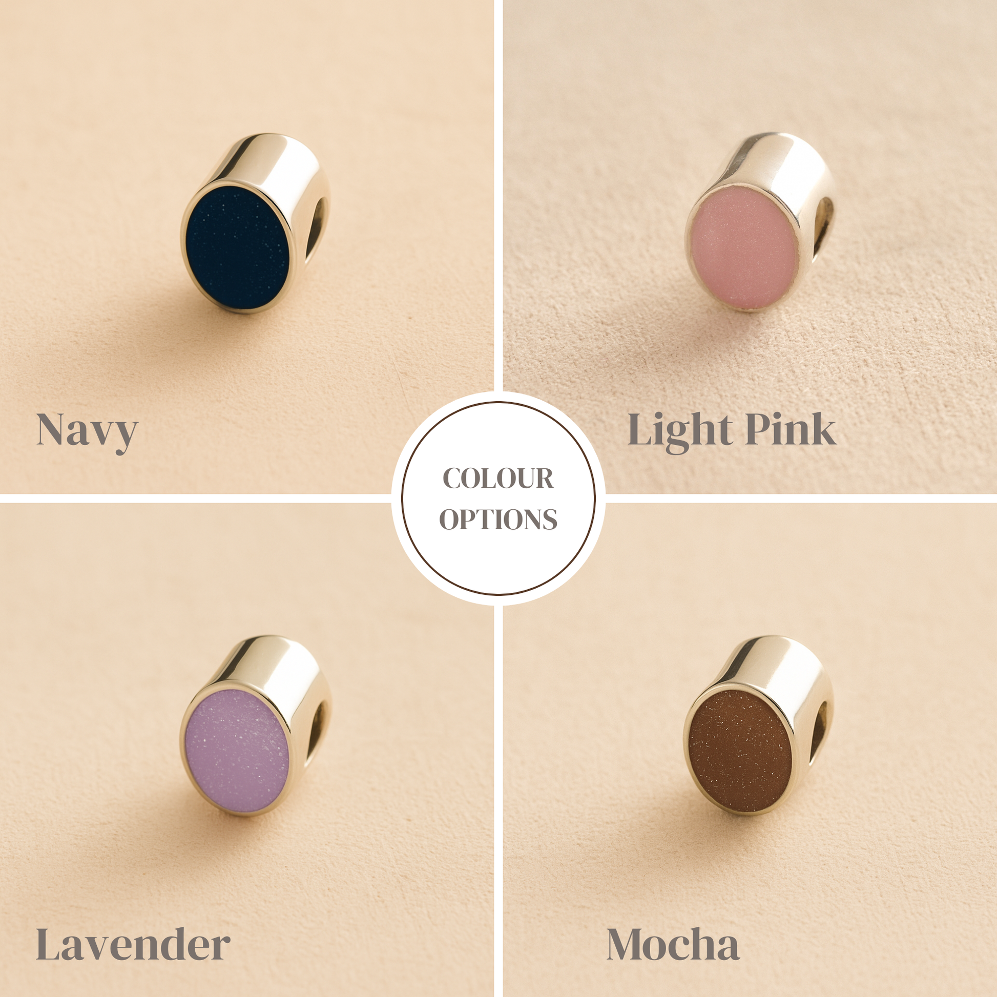 Jewelry memorial charm color options displayed on a beige background